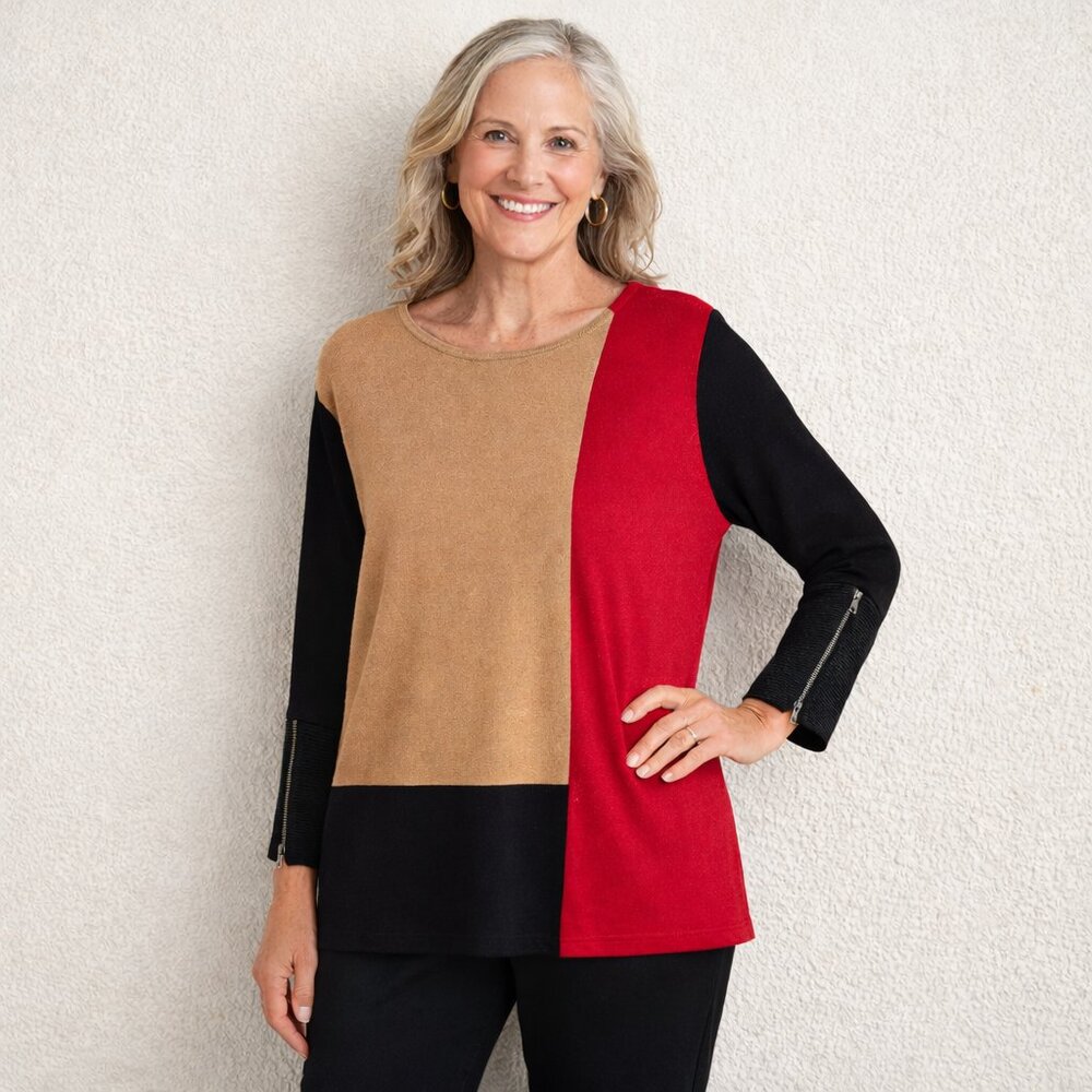 Chico's Wild Poppy Tunic Sweater Womens XL Red Colorblock Pullover Zipper Cuff